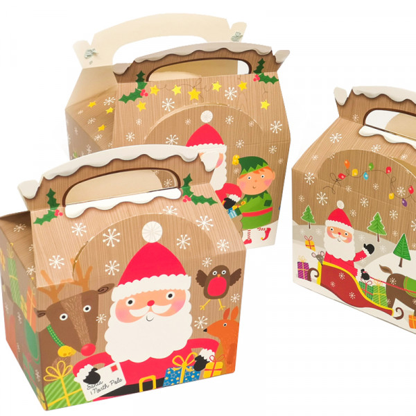 Christmas Meal Boxes featuring a Santa Christmas design. Food Meal