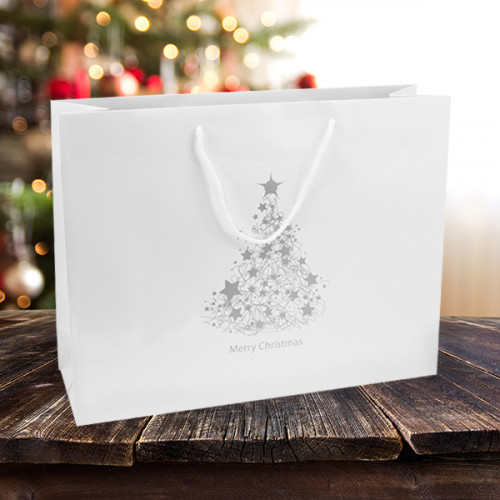 Large White Christmas Carrier Bags printed with a silver Christmas Tree
