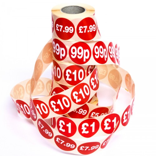SALE Price labels from stock at MIDPAC Packaging. Round red self adhesive labels with white text ...
