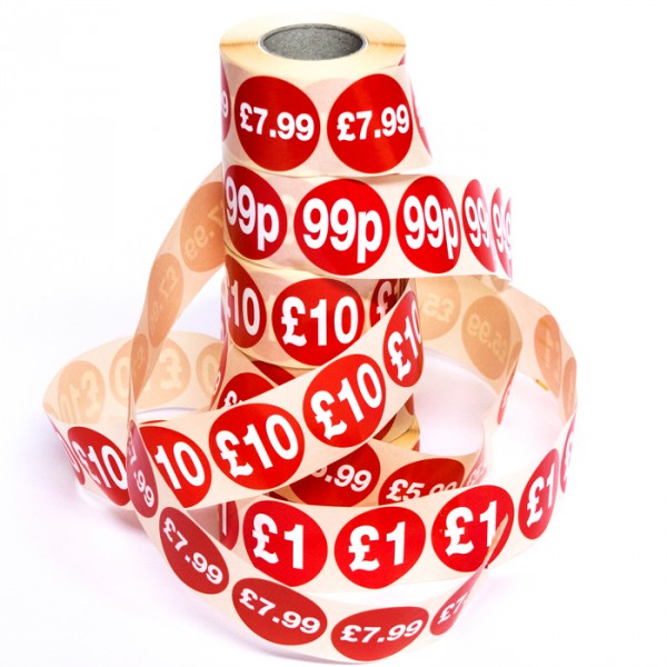 SALE Price labels from stock at MIDPAC Packaging. Round red self adhesive labels with white text ...