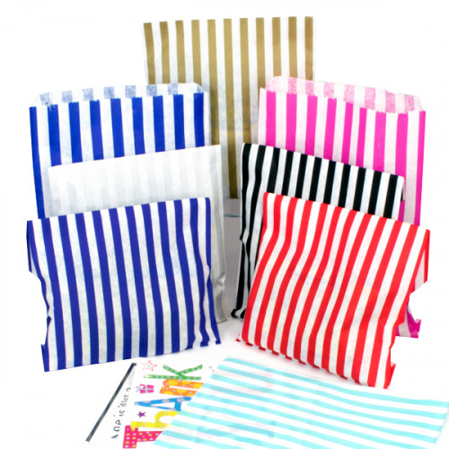 5x7in Candy Striped Paper Bags from stock at Midpac Packaging. Coloured striped pattern printed